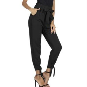 Grace Karin Black Paperbag Waist Tie-Belt Pants (EU 40, US Medium) Cropped Ankle